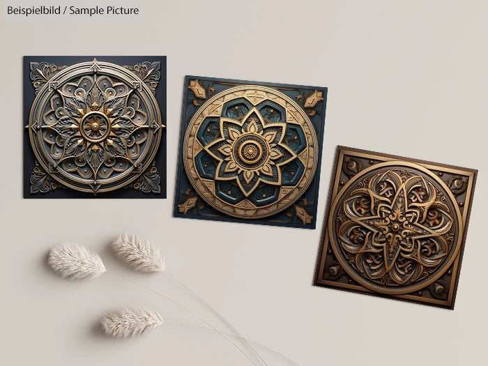 Three ornate mandala designs in gold and dark tones with intricate geometric patterns and floral motifs.