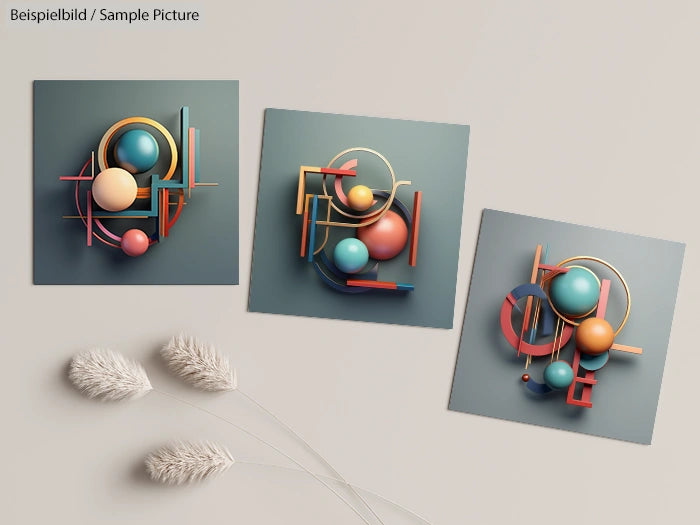 Three abstract geometric designs with spheres and lines on a neutral background, alongside decorative dried grasses.