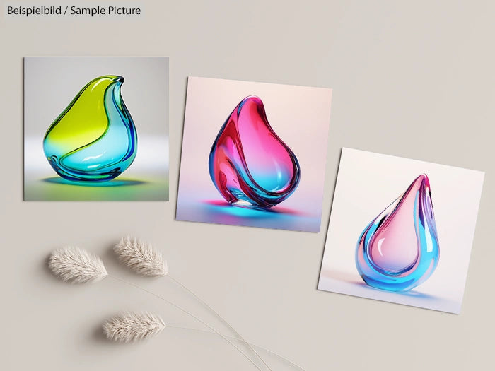 Three colorful glass sculptures with fluid shapes on a light background, alongside delicate white plants.