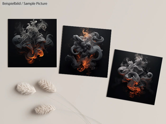 Three abstract art prints with swirling smoke patterns and orange highlights, displayed on a light-colored background.