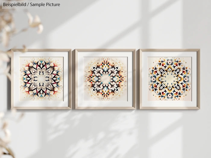 Three framed geometric mandala artworks on a wall with soft light and shadows.