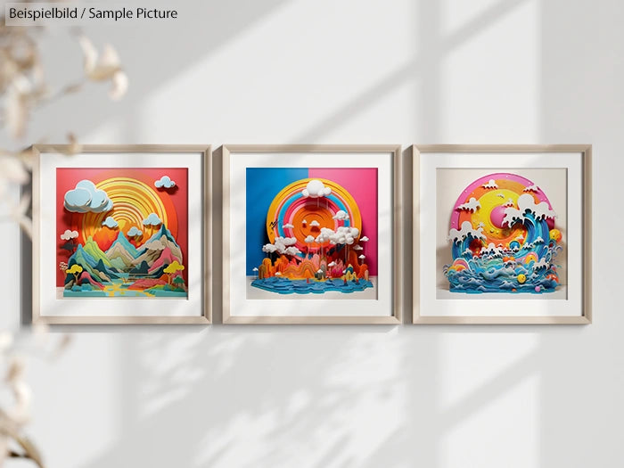 Three framed 3D artworks with colorful landscapes and oceans, featuring rainbows and clouds, displayed on a wall.