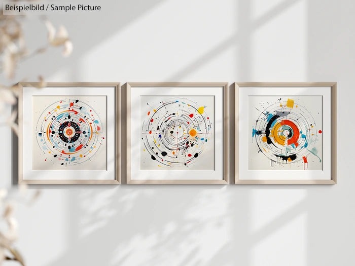 Three abstract circular paintings with colorful splatters in frames on a wall.