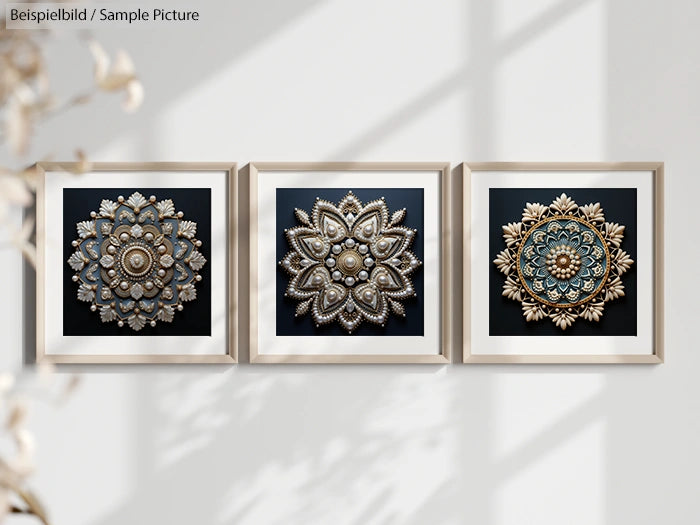 Three square framed mandala artworks on a beige wall, each featuring intricate embossed floral designs in a dark background.