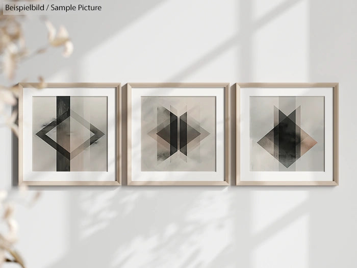 Set of three framed abstract geometric artworks on a wall, featuring overlapping shapes in neutral tones.