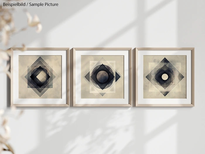 Three framed abstract geometric artworks on a wall with soft lighting and shadow effects.