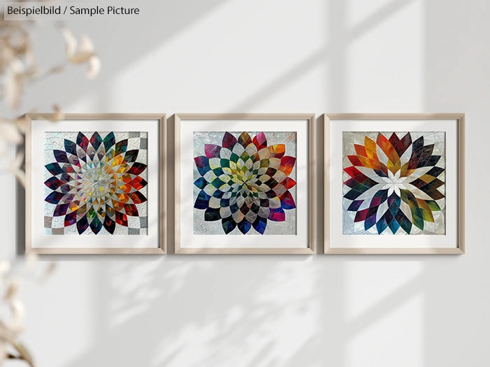 Three framed abstract floral paintings with vibrant geometric petal designs on a wall.