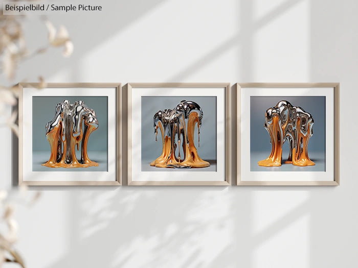 Three framed abstract artworks featuring metallic, liquid-like shapes in silver and gold tones against a neutral background.