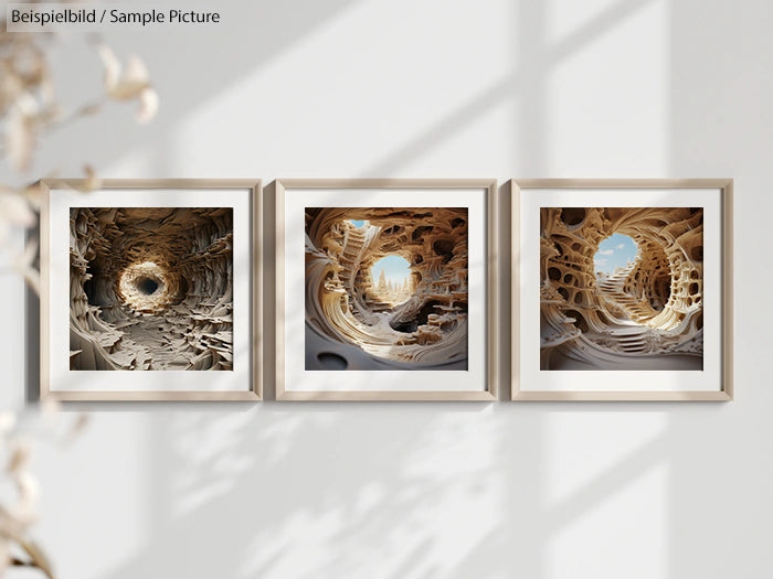 Three framed abstract artworks with tunnel-like structures on a sunlit wall.