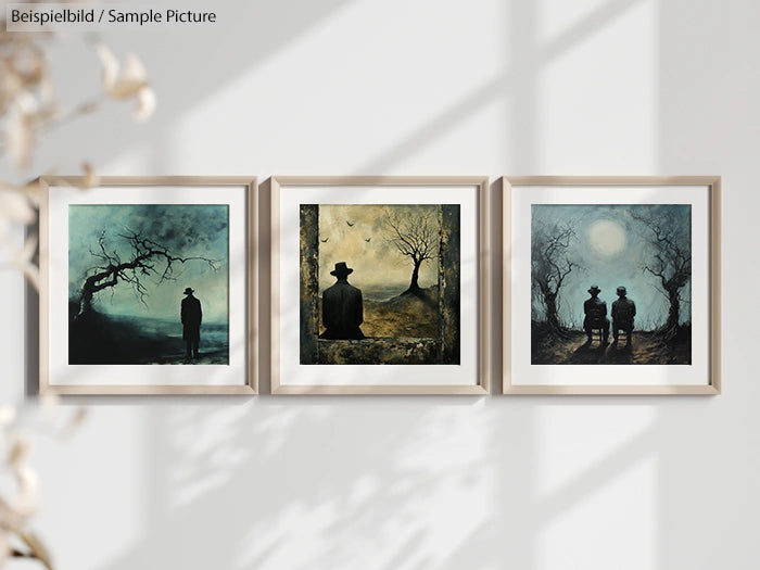 Three framed paintings on a wall depicting mysterious figures in dark, atmospheric landscapes.