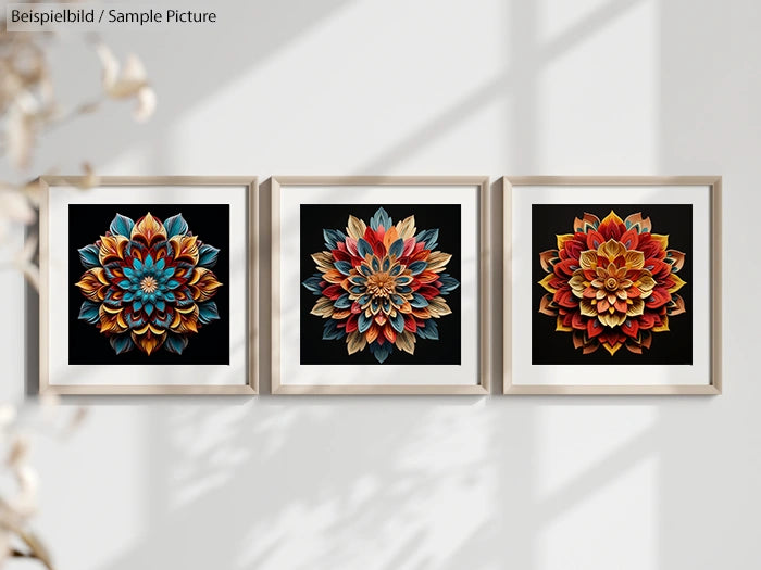 Three framed wall art pieces with vibrant floral mandala designs in blue, red, and orange hues.