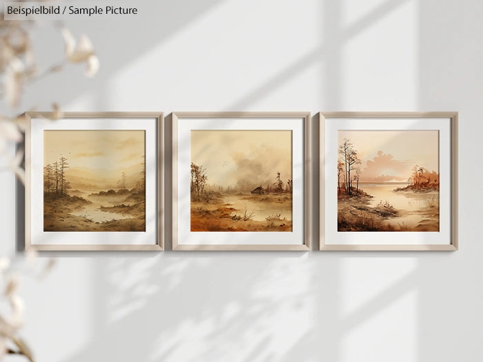 Triptych of watercolor landscapes with trees and hills in earthy tones, framed on a softly lit wall with shadows.