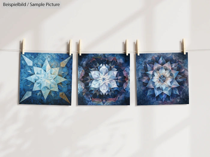 Three abstract geometric flower prints in blue hues hanging on a line with clothespins.