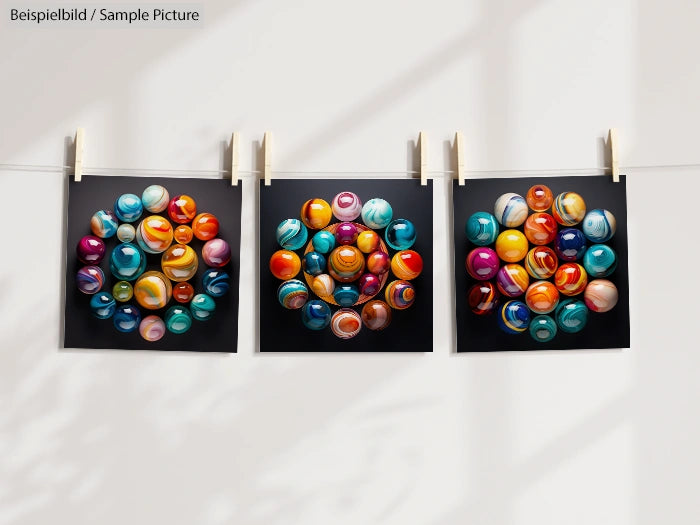 Three photos of colorful marbles arranged in circular patterns hanging on a line with clothespins.