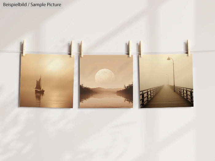 Three sepia-toned photos on a line: a sailboat on foggy water, a full moon over a lake, and a foggy boardwalk with a lamp.