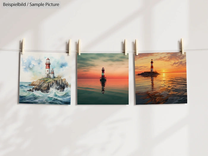 Three photos of lighthouses hanging on a line, showing scenic ocean views at different times of day.