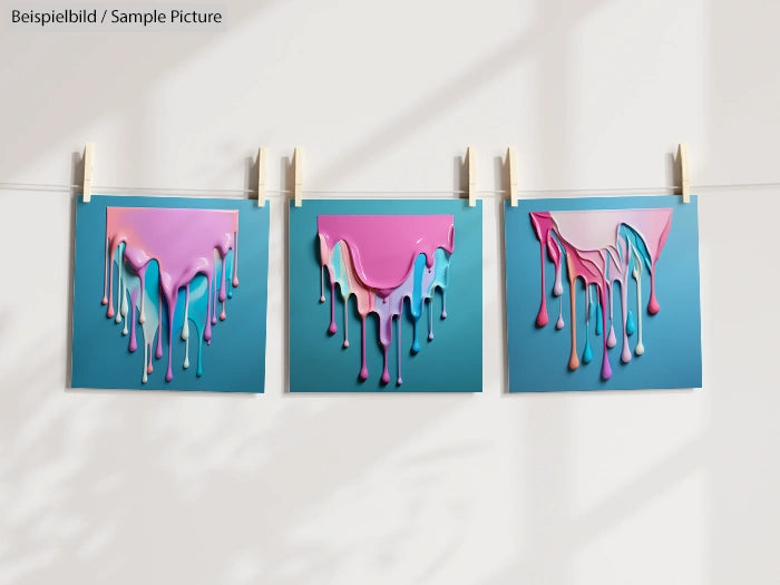 Three paintings of colorful drips on a teal background hanging on a line with clothespins.