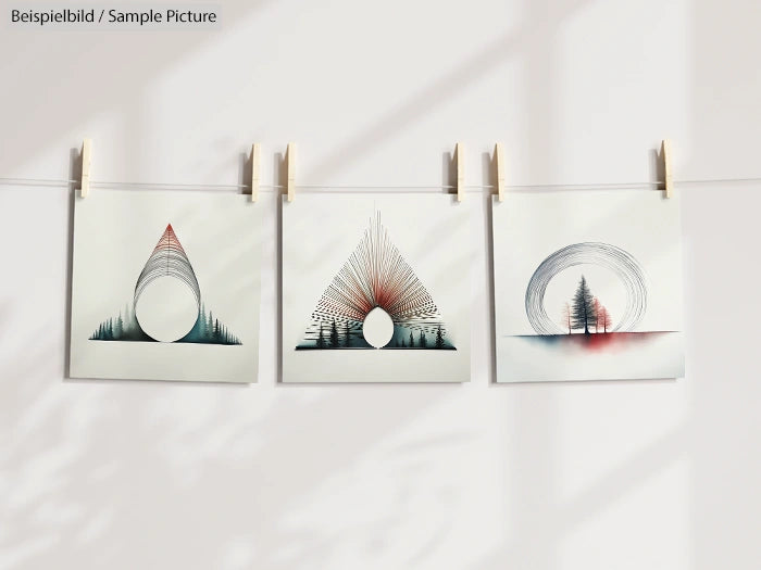 Three abstract art prints hanging on a line with geometric designs and trees, each held by clothespins.