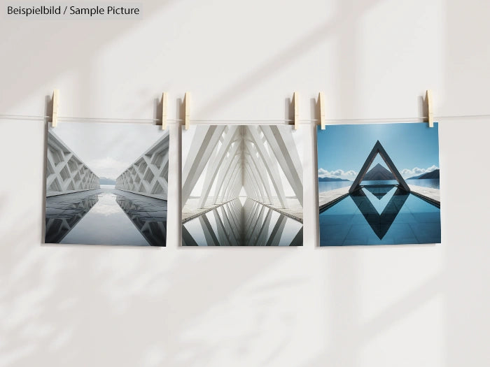 Three geometric architectural photos hanging on a line with clothespins, showcasing mirrored reflections and angles.