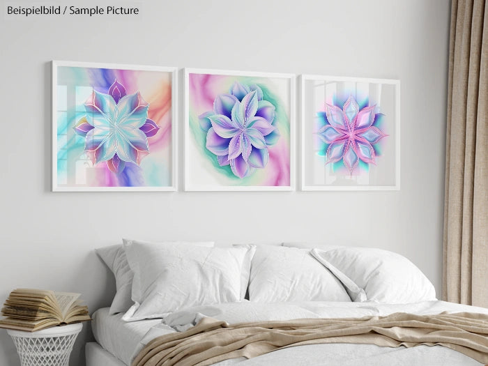 Bedroom with white bed and three framed floral mandala art pieces on the wall.