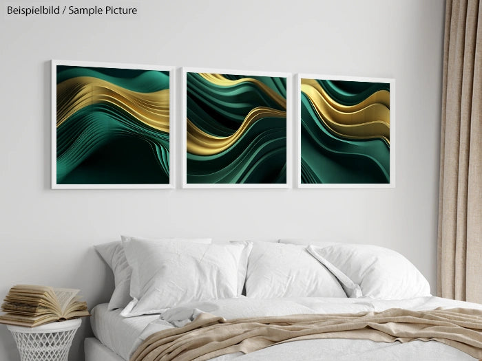 Triptych art with abstract green and gold wave patterns above a neatly made bed in a modern bedroom.