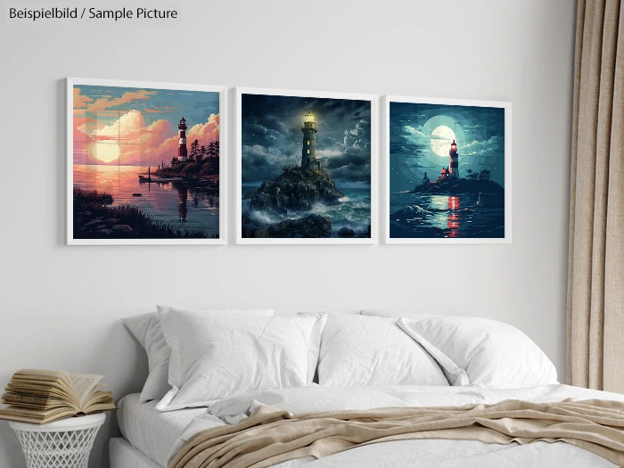 Room with three lighthouse paintings above a bed; each scene shows a lighthouse in various times of day.