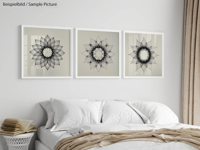 Modern bedroom with gray floral geometric art on wall above a white bed; natural light coming through a beige curtain.