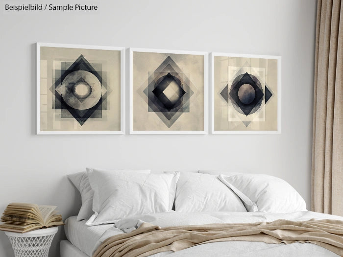 Bedroom with white bedding and three framed geometric art pieces on the wall above the bed.