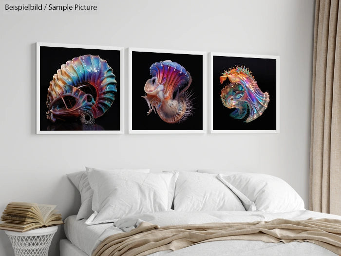 Bedroom with white bed and a triptych of colorful abstract art above the headboard.