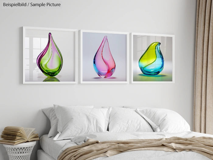 Bedroom with white bedding and framed abstract glass art on wall.