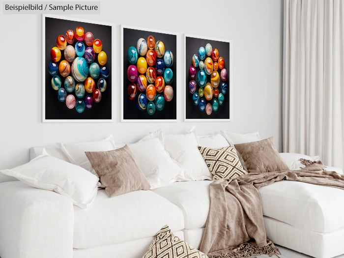 Modern living room with white sofa, beige pillows, and colorful abstract art on the wall.