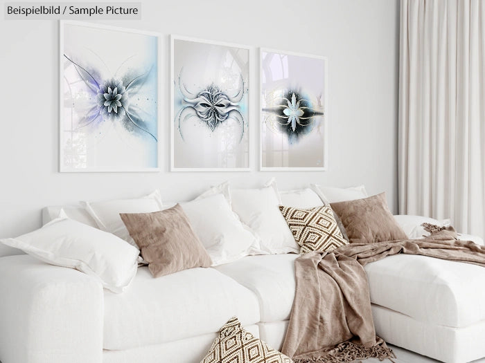 Modern living room with white sofa, brown cushions, and abstract art above.