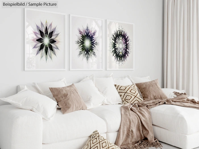 Modern living room with white sofa, geometric patterned cushions, and abstract artwork on the wall.