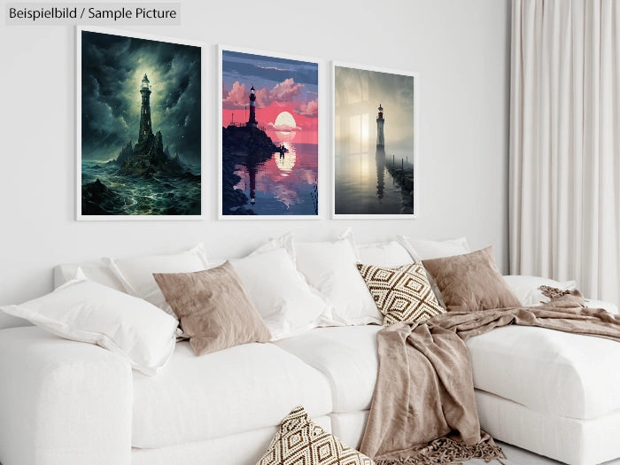 Modern living room with white sofa and cushions, featuring three framed lighthouse paintings on the wall.