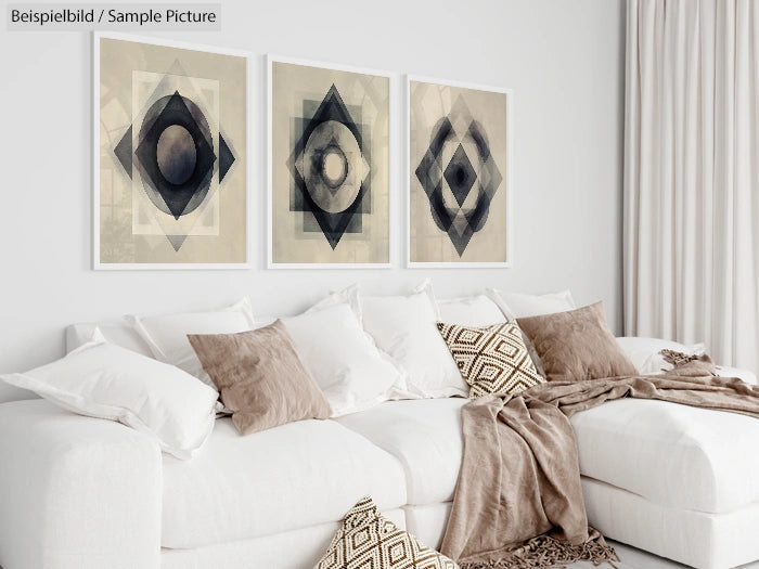 Modern living room with white sofa and abstract geometric art on beige wall, accented by neutral-toned pillows and throw.