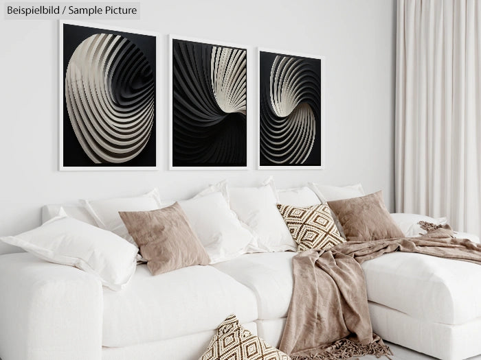 Modern living room with white sectional sofa, brown and beige cushions, and abstract black and white art on the wall.