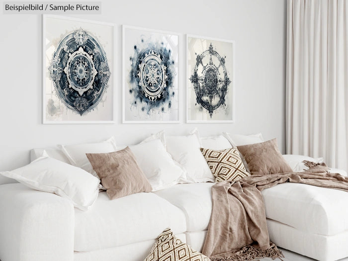 Modern living room with beige sofa, white pillows, and decorative pillows, featuring three abstract geometric art pieces.