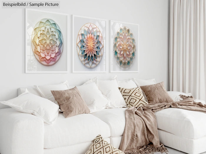 Modern living room with white sofa, patterned pillows, and three floral abstract art pieces on the wall.