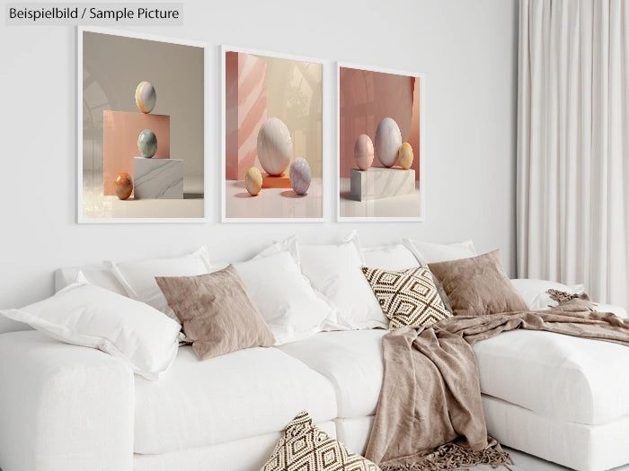 Modern living room with a white sofa, beige pillows, and three abstract art pieces featuring geometric shapes and spheres.