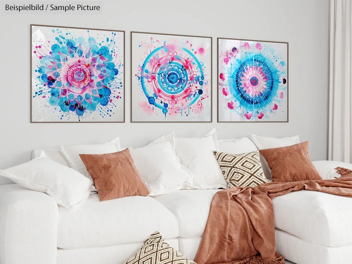 Modern living room with a white sofa, brown cushions, and three colorful abstract paintings on the wall above.