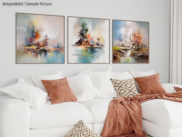 Beige sofa with patterned cushions under three abstract landscape paintings on a white wall.