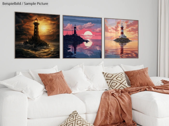 Three lighthouse paintings on a wall above a white sofa with brown cushions.