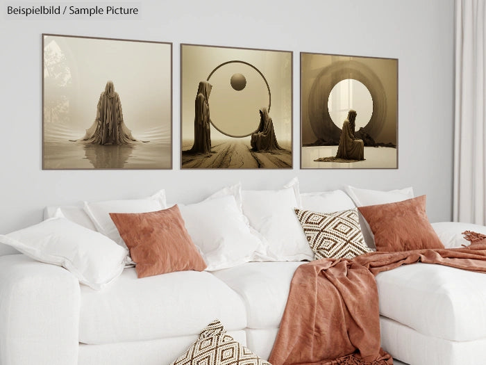 Contemporary living room with white sofa, brown pillows, and three abstract art pieces on the wall depicting figures in circles.