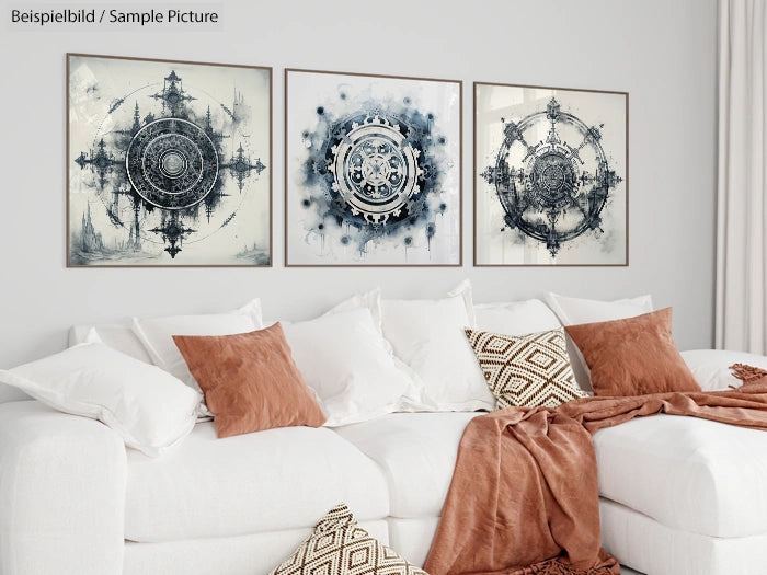 Modern living room with abstract mandala artwork in beige and black frames above a white couch with brown cushions.