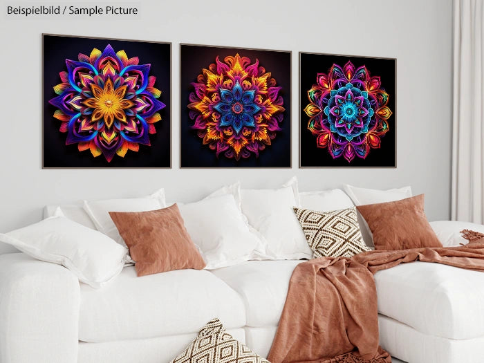 Living room with white sofa, brown pillows, and three colorful mandala art pieces on the wall.