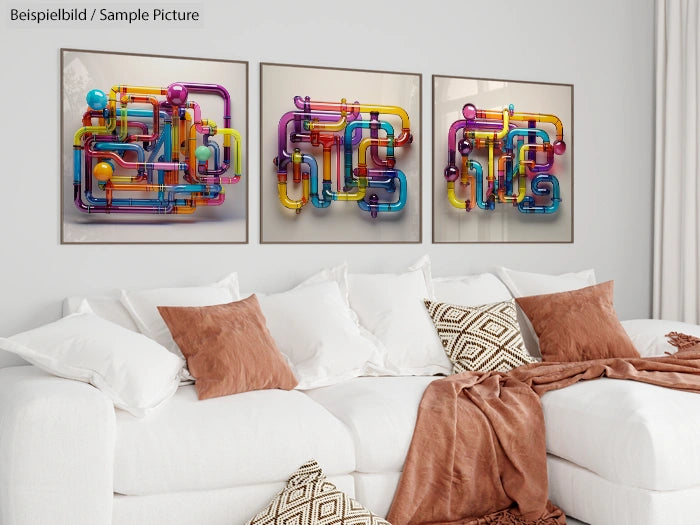 Modern living room with white sofa, brown cushions, and colorful abstract art featuring intricate pipe designs on the wall.