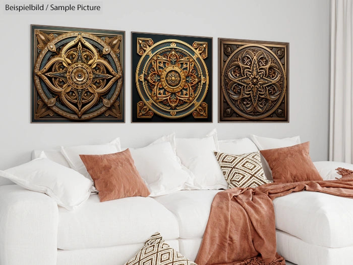 Living room with white sofa, brown pillows, and three ornate gold mandala artworks on the wall.