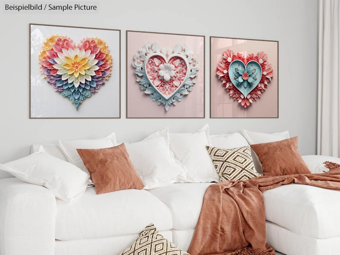 Modern living room with white sofa and heart-shaped wall art featuring floral designs in vibrant colors.