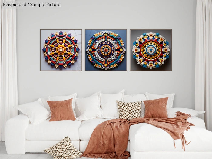 Living room with white sofa, brown cushions, and three vibrant mandala art pieces on the wall.