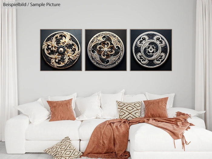 Modern living room with white sofa, orange cushions, and three decorative round metal art pieces on the wall.